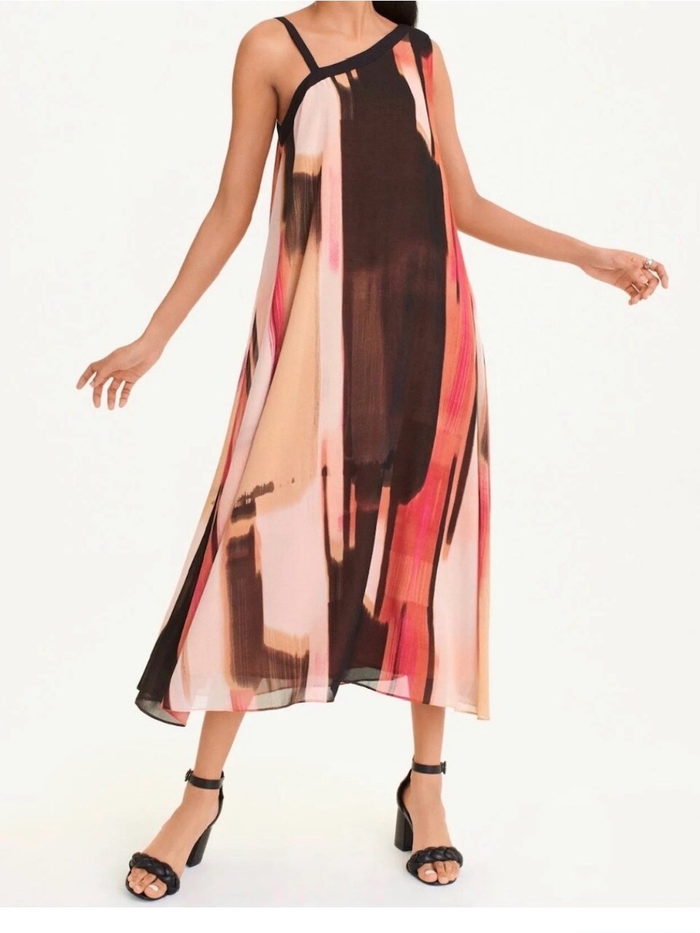 DKNY Colorblock Sleeveless Dress in Black, Tan & Coral